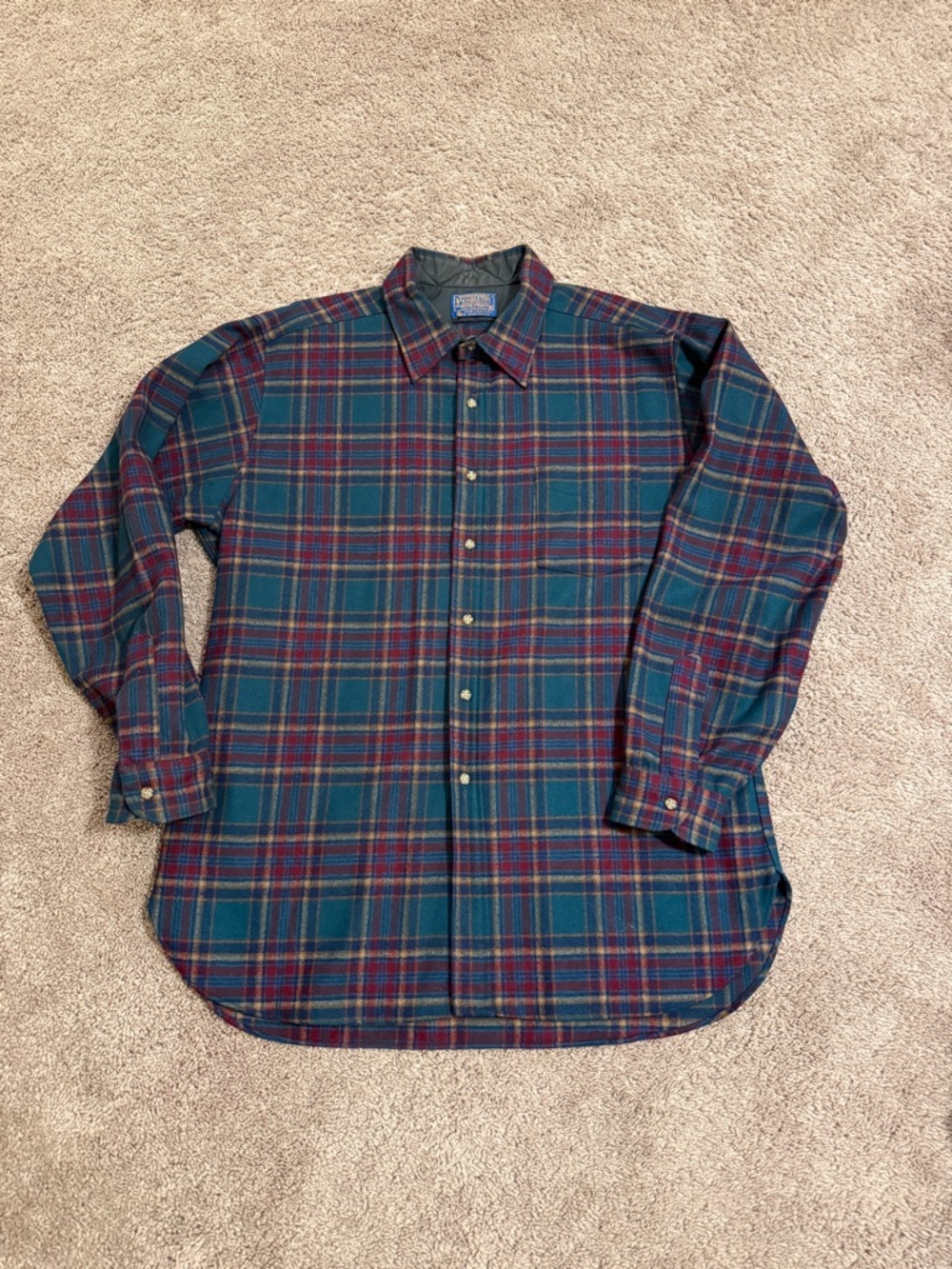 Vintage Pendleton virgin wool Teal & Burgundy Plaid Cotton Button-Down flannel